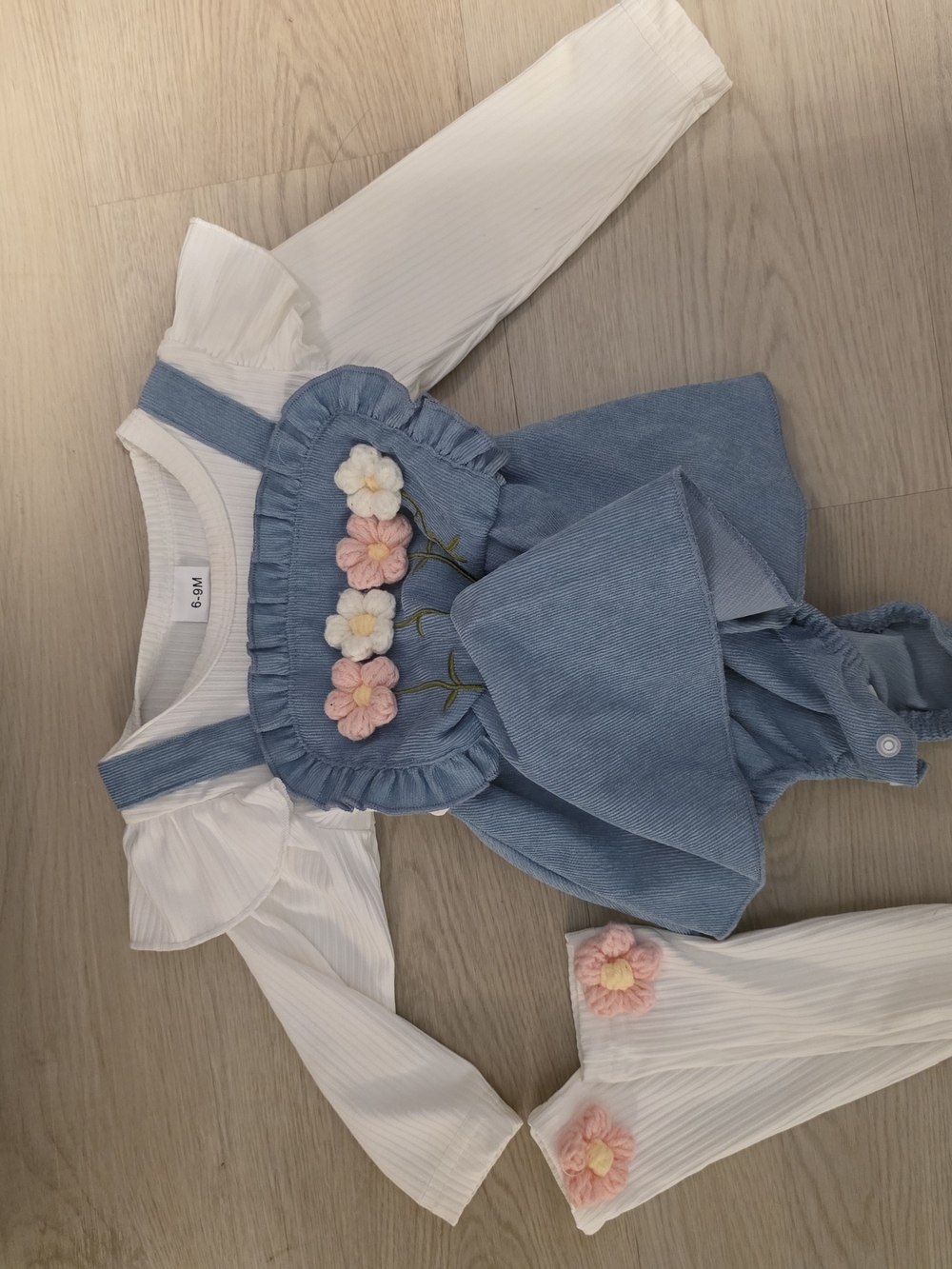 Blue Corduroy Floral Applique Dress Set with White Top